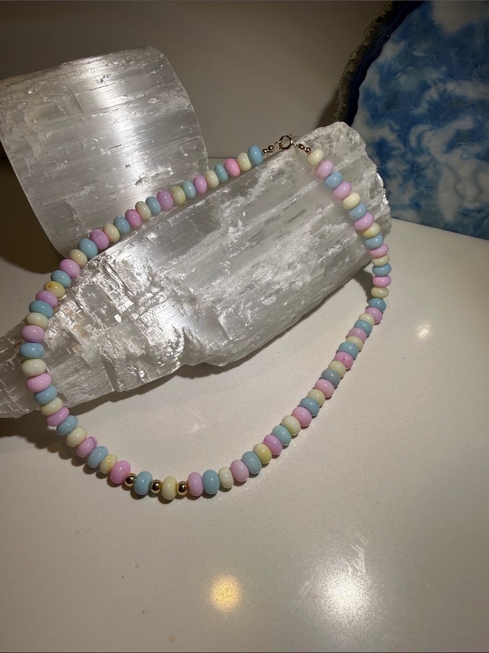 Pastel Multicolor Bead Necklace with 14k solid yellow Gold Women's Jewelry